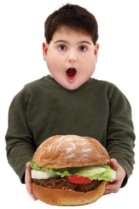 Obese Hungry Boy with Giant Burger